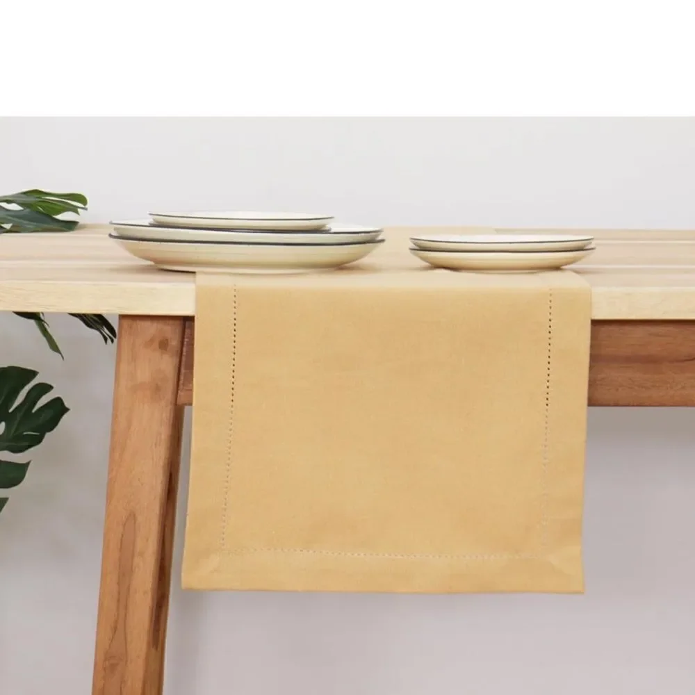 NWT New PurpleEssences Beige Hemstitch Table Runner Cotton 14 x 72